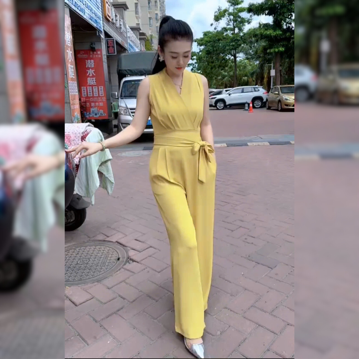 Jumpsuit dài thiết kế xếp ly cột eo xinh xắn