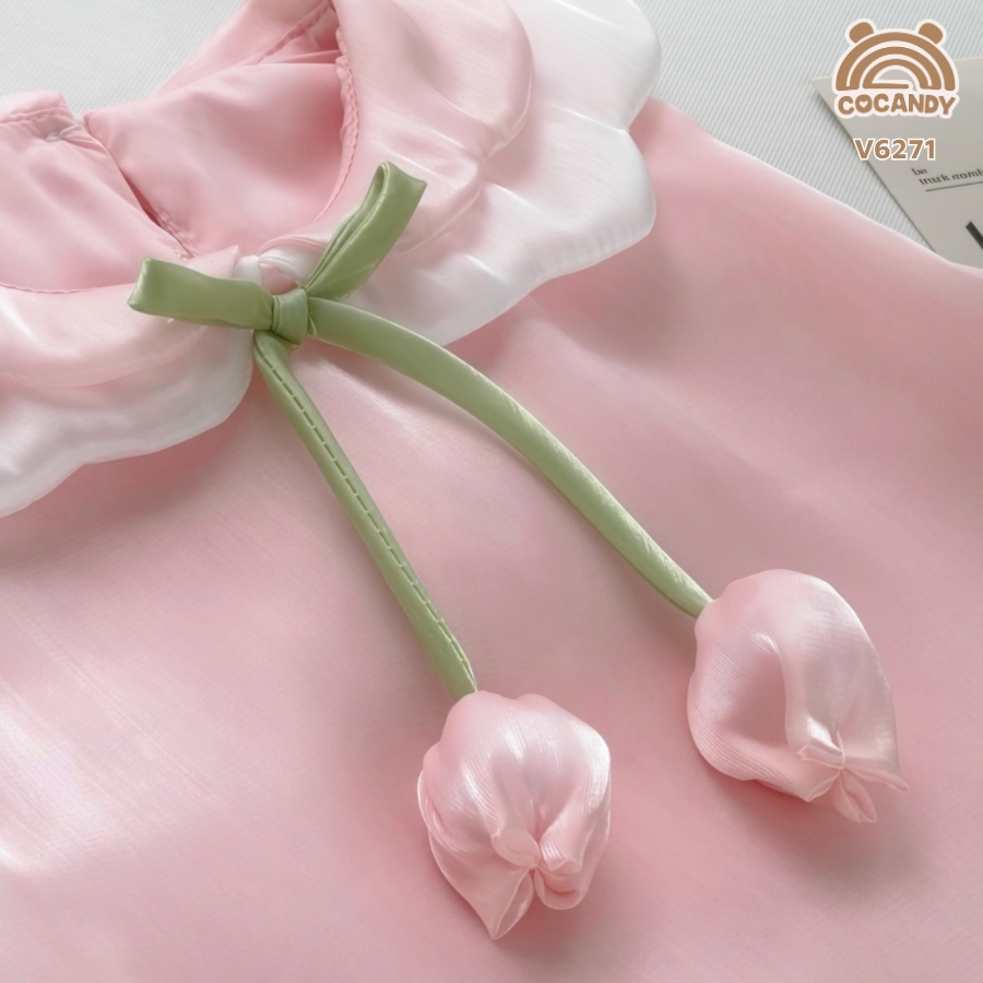 Váy sát nách tơ HỒNG phối cổ nơ nụ hoa_thumbnail_2