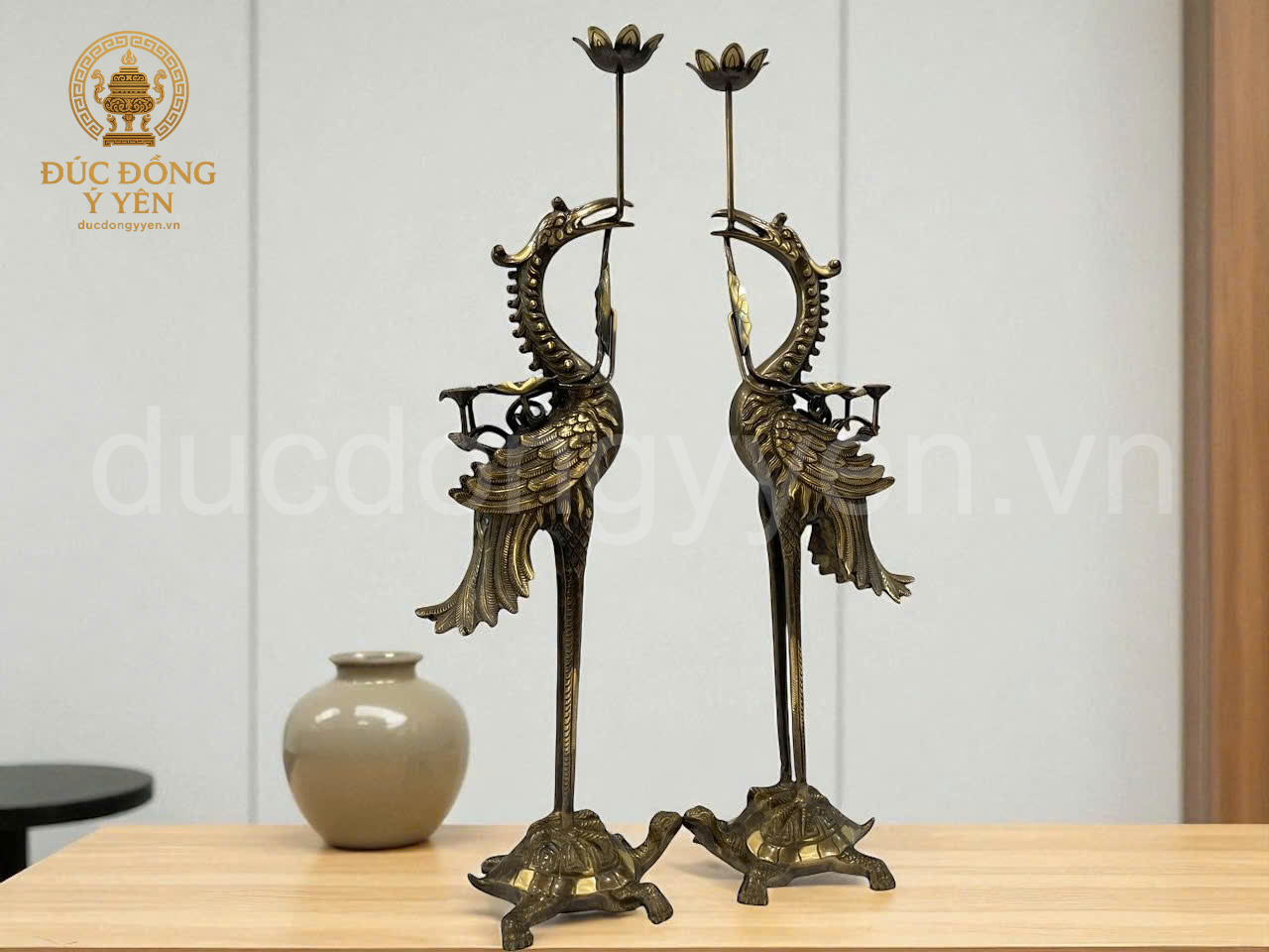 Đôi hạc thờ đúc đồng vàng nguyên chất làm màu giả cổ _thumbnail_1