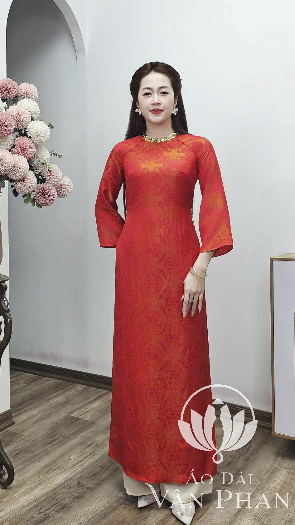 CT352 áo dài cách tân cổ khít tay loe dài tơ tằm tencel cam_thumbnail_1