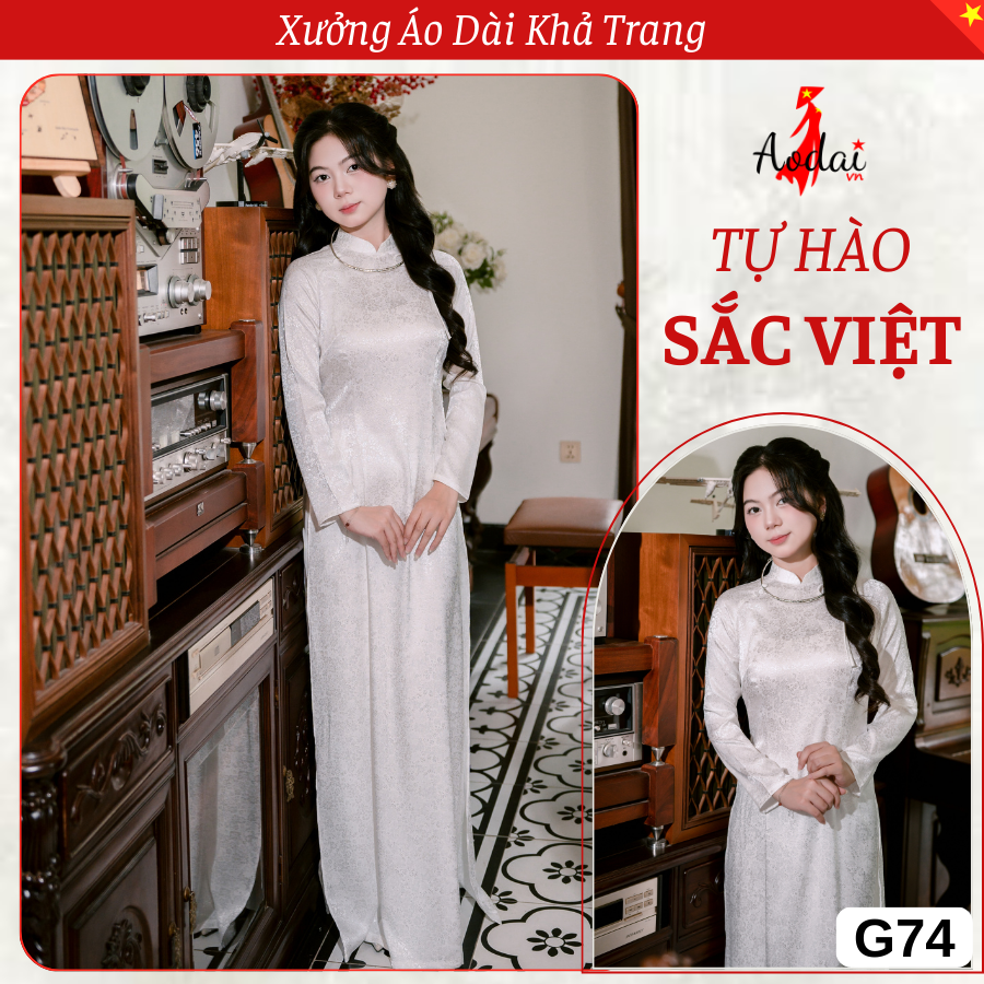 G74 Áo Dài Gấm Trắng Cổ Cao 3cm Tay Dài