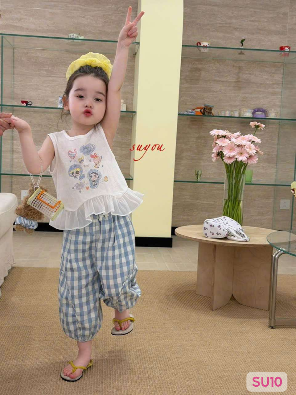 SU10 - Set áo cotton sát nách voan bèo & quần thô kẻ caro xanh hãng Suyou