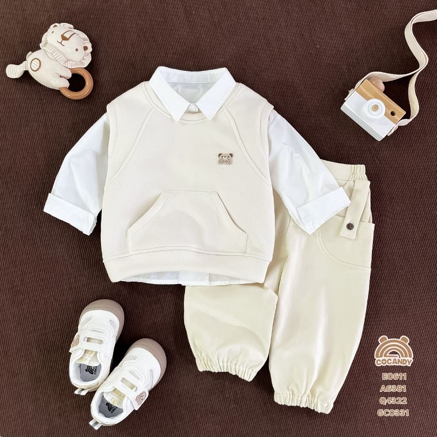 Áo gile BE NHẠT cổ tròn 1 túi trước phối gấu