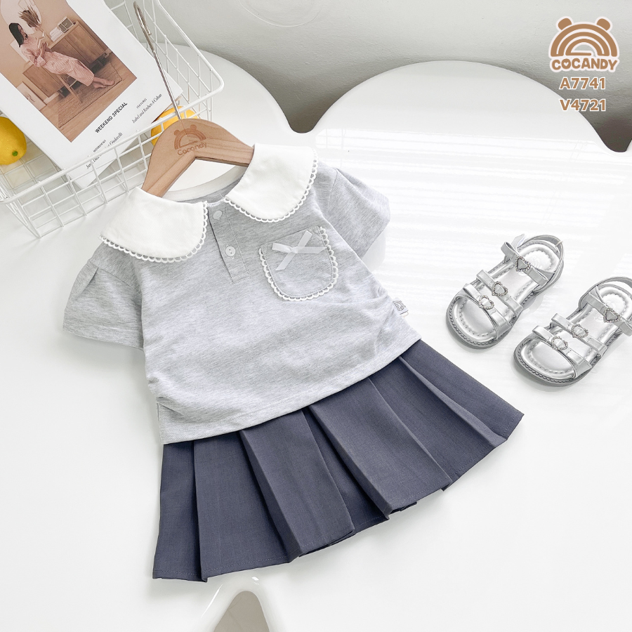 Áo cộc polo GHI SÁNG cổ sen TRẮNG phối ren_thumbnail_0