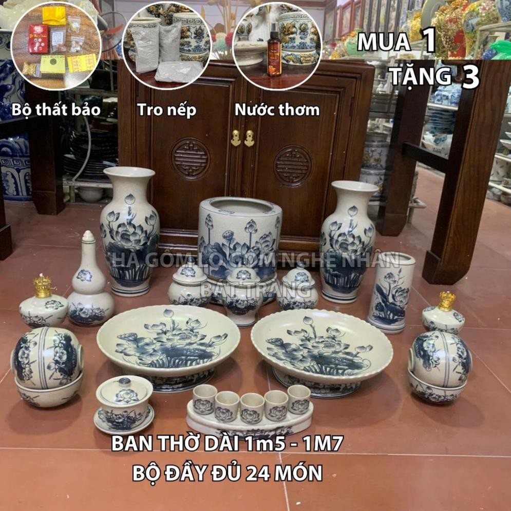 HG102 Đồ Thờ Cúng Bộ 24 món ban thờ 1M5 - 1M7 men rạn trơn nghệ nhân Bát Tràng chế tác TẶNG Thất Bảo, Tro Nếp