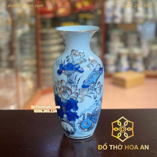 Lọ Hoa Dáng Lục Bình Men Lam Vẽ Vàng 24K1