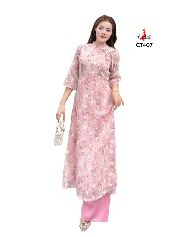 CT407-Áo dài Cách tân 4 tà màu hồng phấn cổ cao 2cm tay lỡ