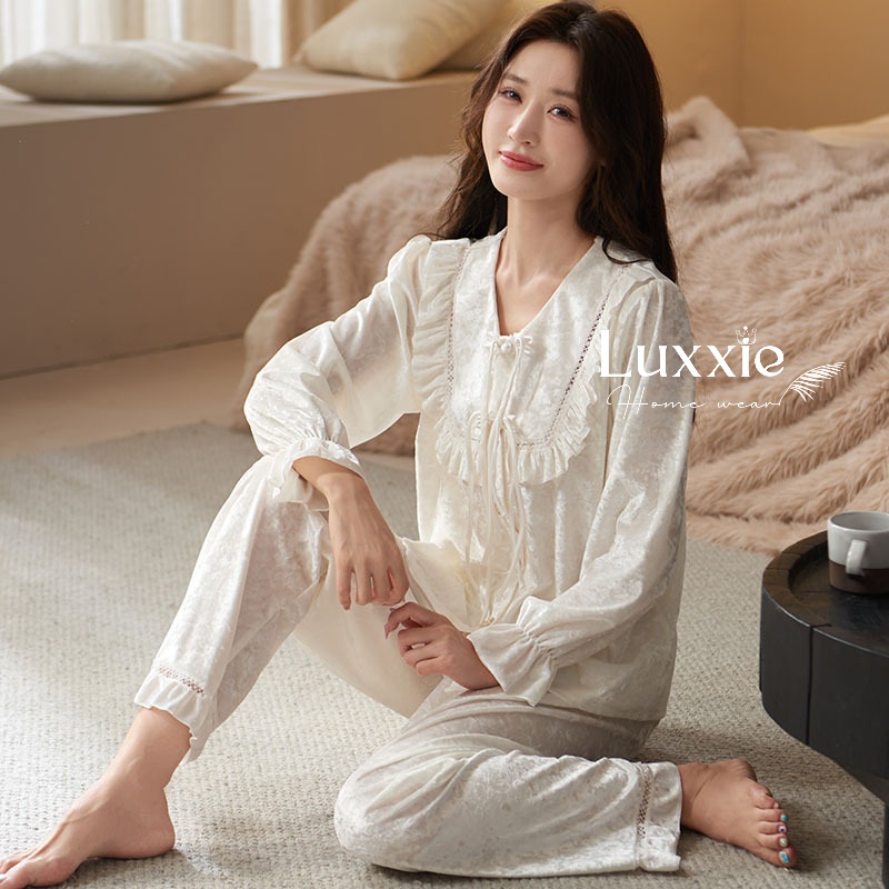 NHUNG31 Bộ ngủ nhung cổ vuông tay bo tiểu thư_thumbnail_2