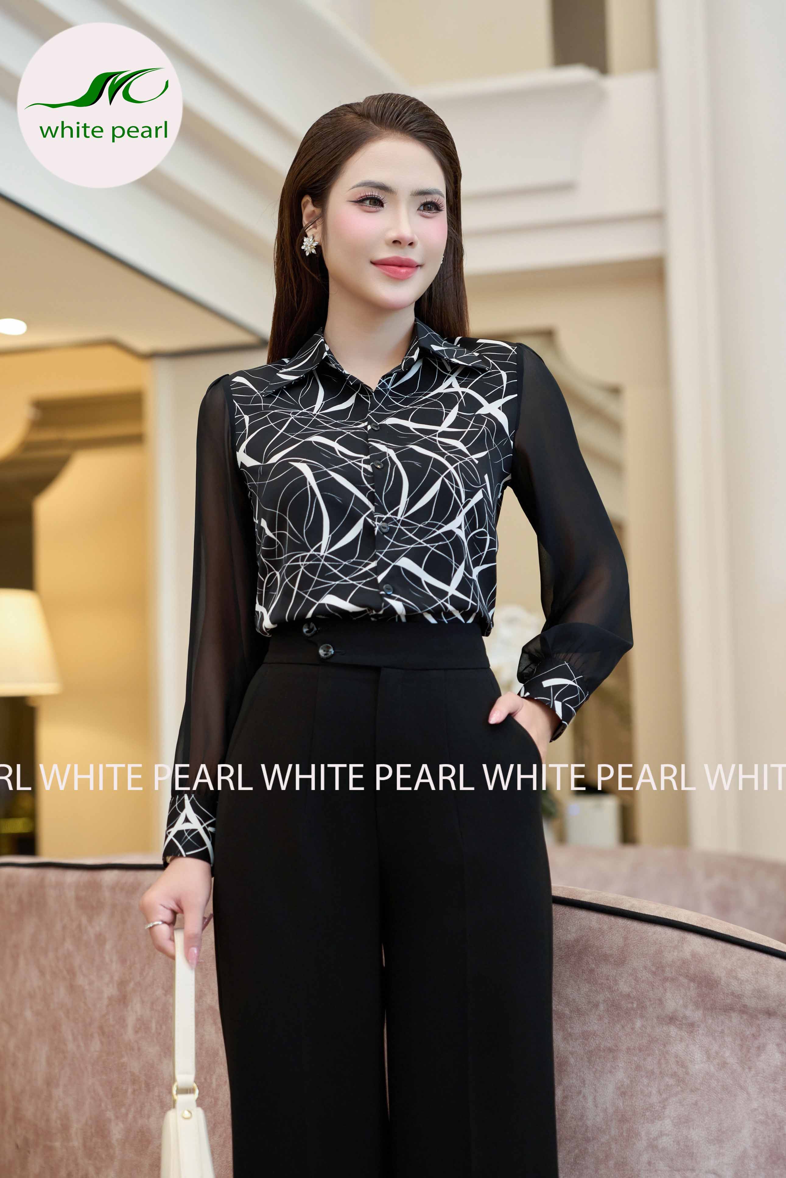Áo sơ mi cổ đức pha tay kết hợp quần ống suông 1 ly thời trang công sở cao cấp White Pearl