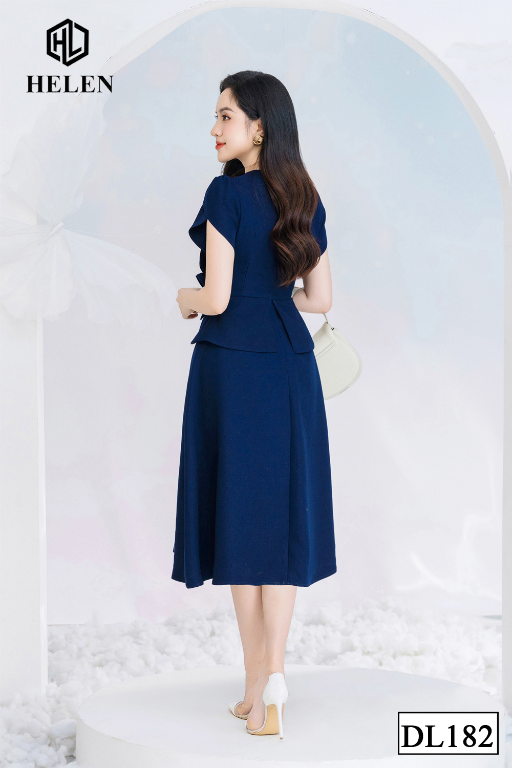 Đầm xòe peplum màu xanh than cổ V đính hoa eo DL182
