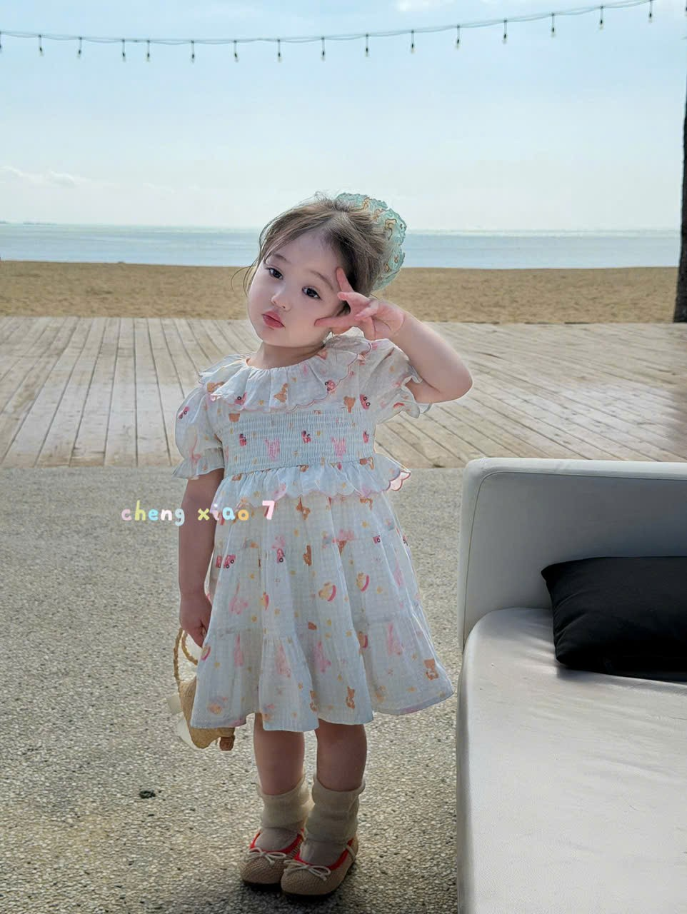 CX80 - Váy bé gái họa tiết dễ thương cổ bèo tay phồng phong cách tiểu thư hãng CX7