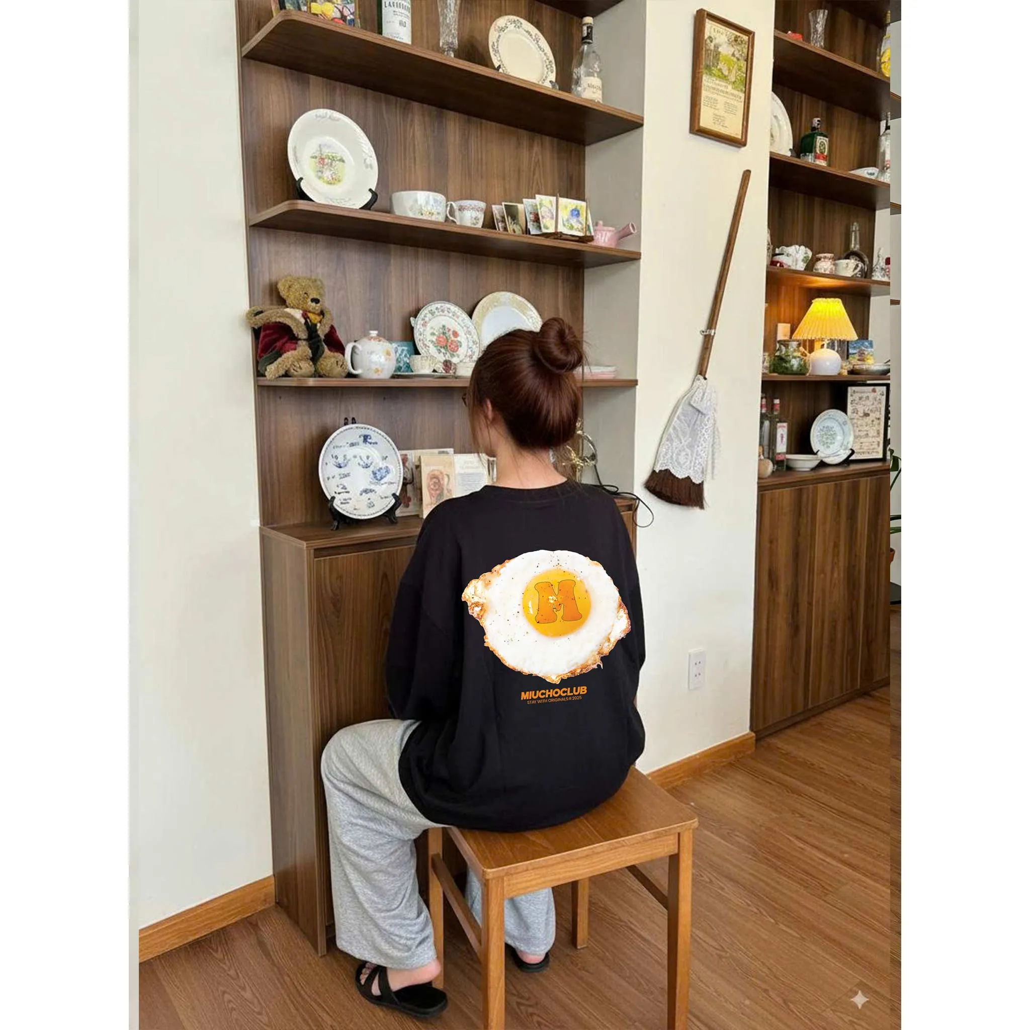 Áo thun boxy nữ tay dài hình trứng ốp la 2642 Miucho vải cotton co giãn 2c thoáng mát in mix_thumbnail_3