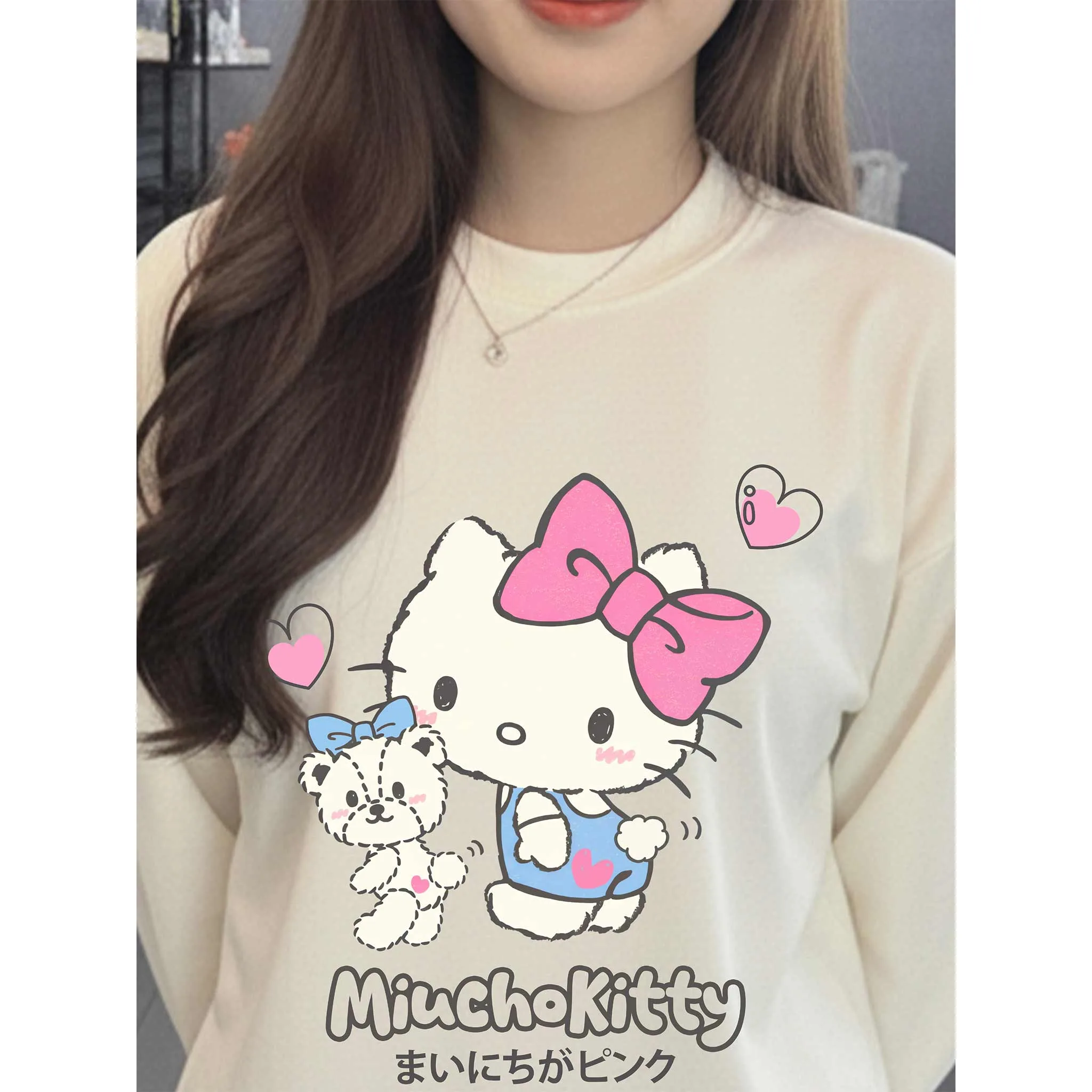 Áo thun nữ form boxy Miucho vải cotton thoáng mát thấm hút tốt tay dài cổ tròn Kitty dễ thương 2802_thumbnail_9