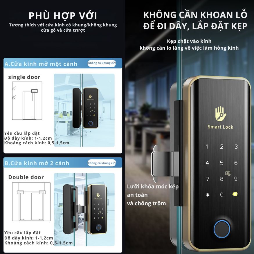Khóa Cửa Thông Minh Kachi MK45 cho cửa không có khung như cửa kính, cửa gỗ trượt – Mở Khóa App + Vân tay + Chìa khóa + Thẻ từ + Mã số_thumbnail_10