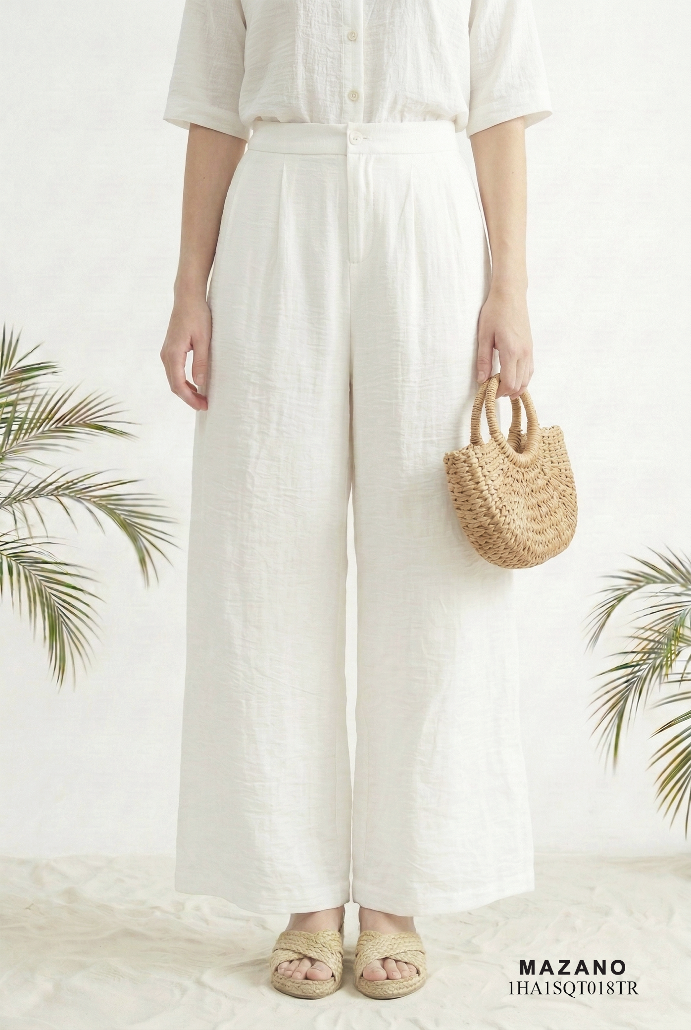 Quần vải pha linen trắng dáng suông rộng thiết kế MAZANO