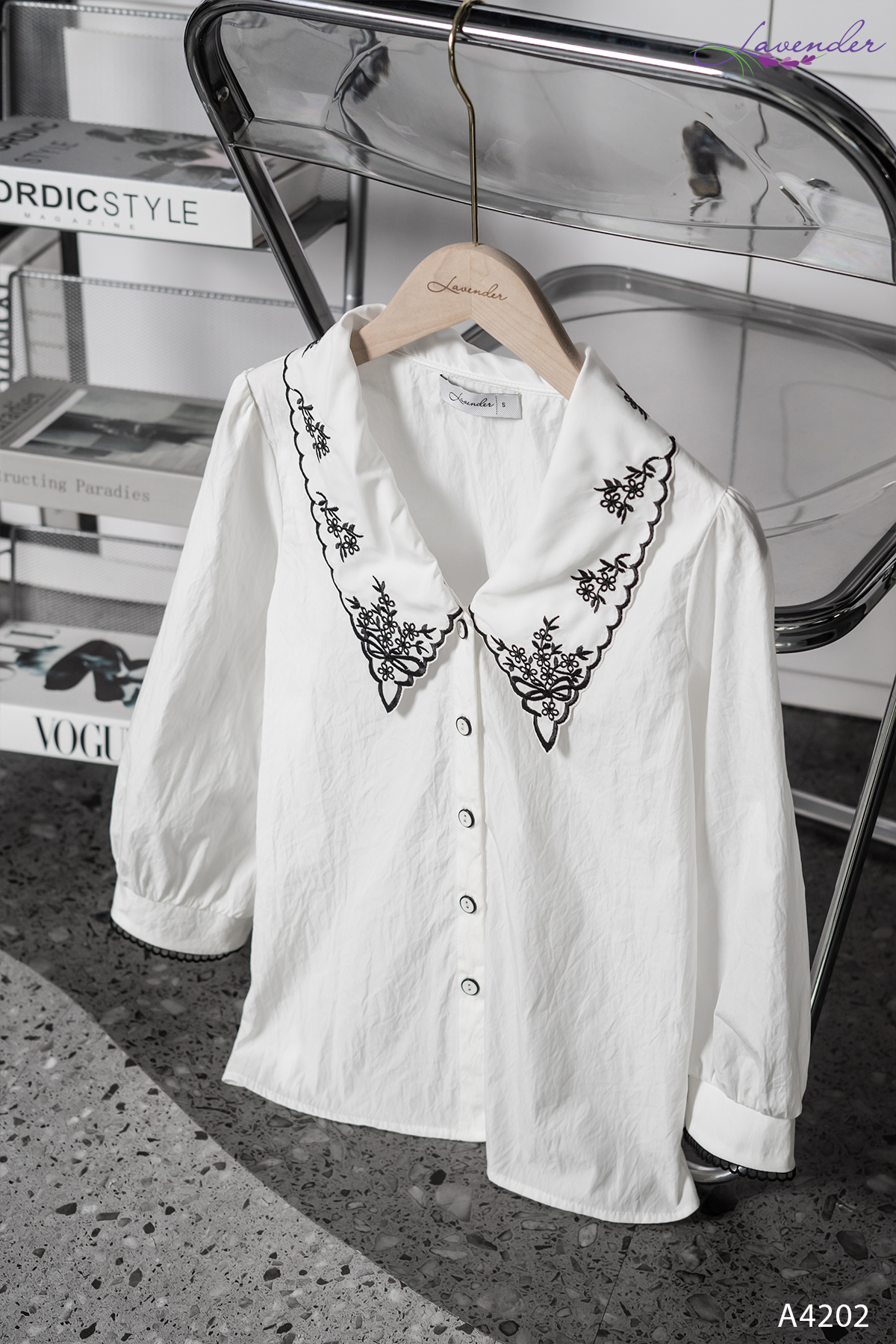 Áo sơ mi trắng tay lỡ cổ thêu A4202