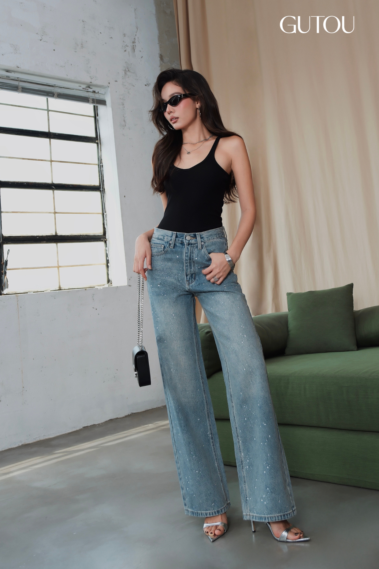 [ GUTOU ] Quần Suông Đính Đá Crystal Jeans_thumbnail_8