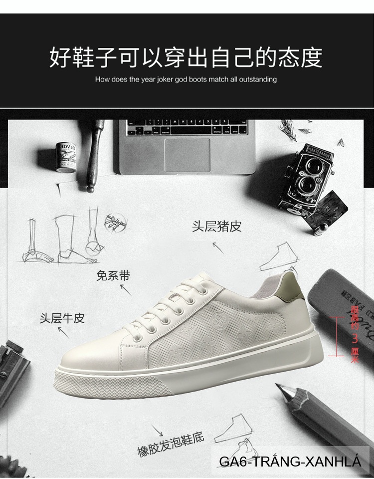 GA6 - Giày Sneaker Nam Da Bò Phong Cách Hàn, Đế Bằng Thoáng Khí, Màu Trắng Xanh Lá Đen_thumbnail_17