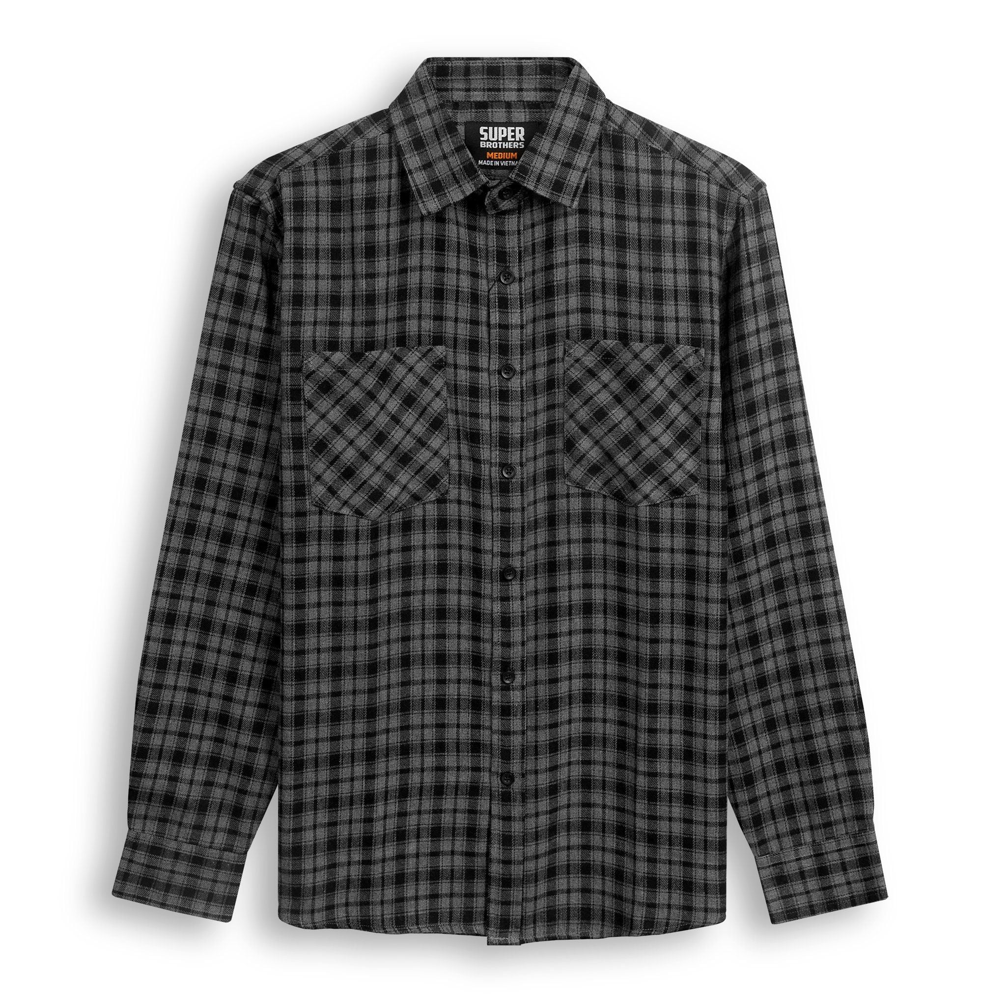 Áo Sơ Mi Super Brother FLANNEL Cotton Cá Sấu Logo Thêu Màu Đen