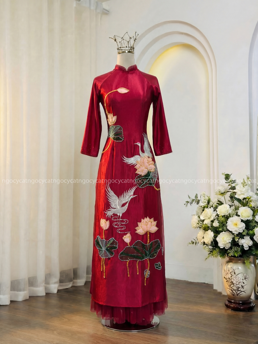 Áo Dài Bà Sui Màu Đỏ Thêu Hạc Hoa Lá Sen Lưới