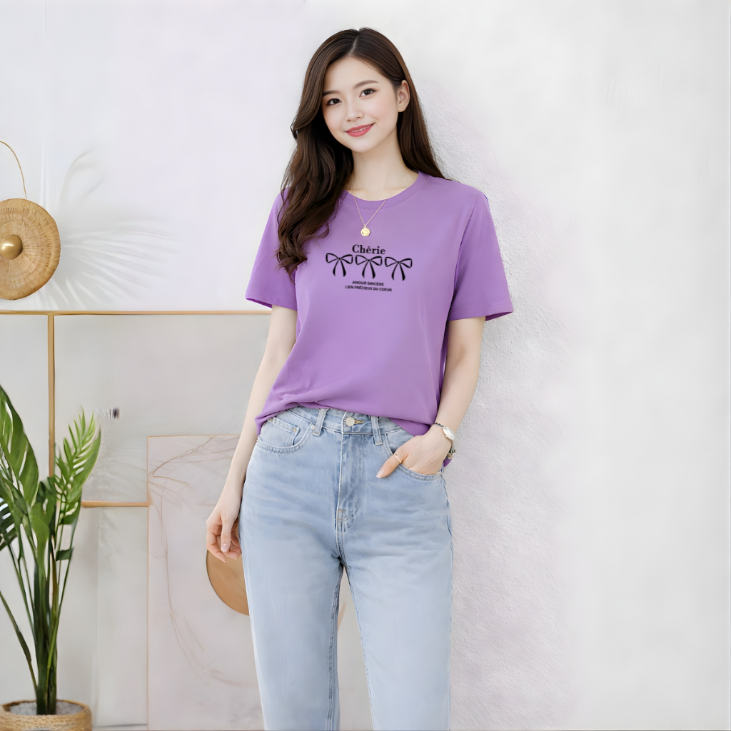 [Form rộng] Áo phông nữ dáng rộng hình nơ và chữ Chérie - Loza RT8453_thumbnail_4