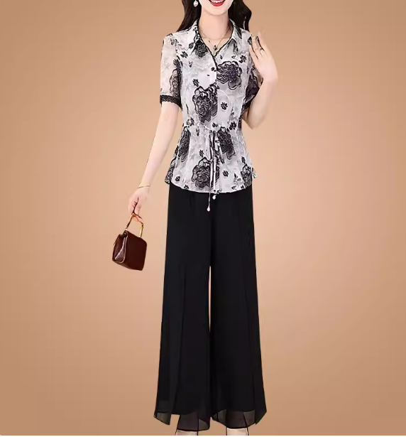 18371- Set áo mango hoa 3D phối quần ống rộng xẻ tà (mango, quần voan)