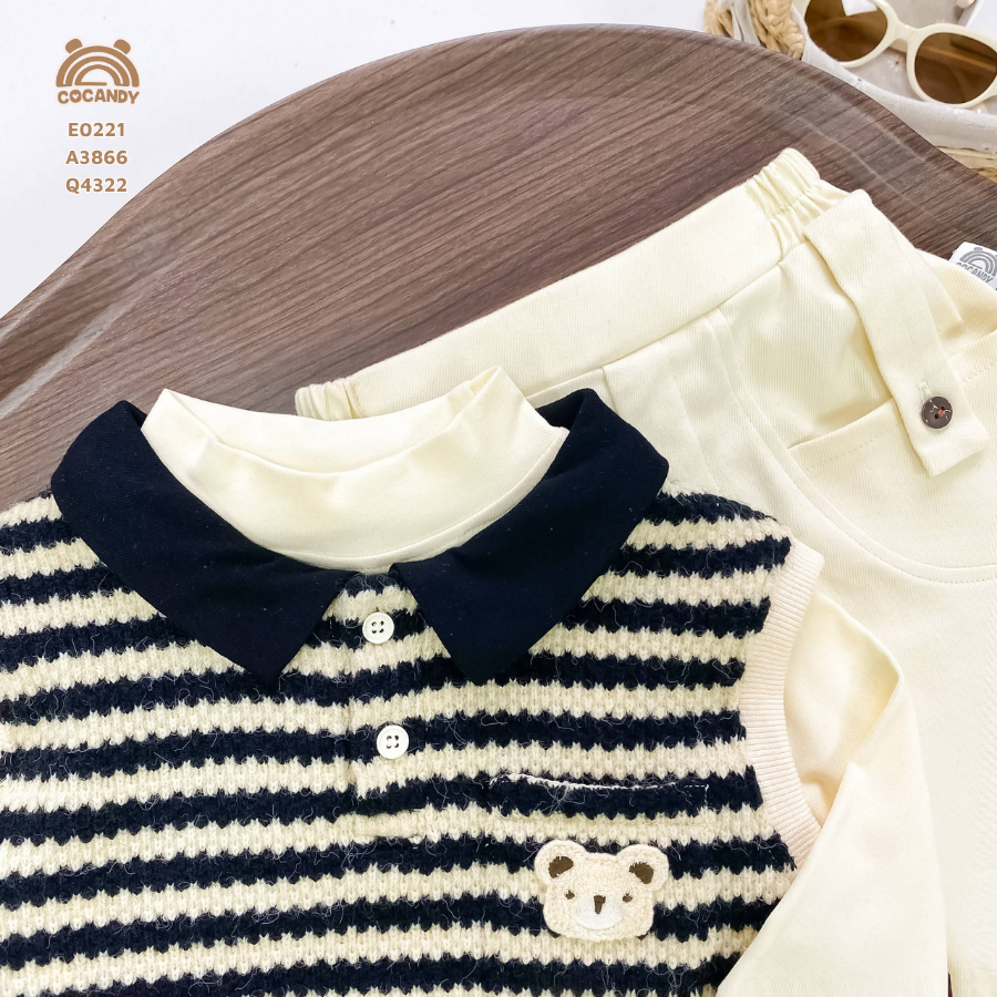 Áo len ghile ĐEN phối BE cổ bẻ túi gấu_thumbnail_5