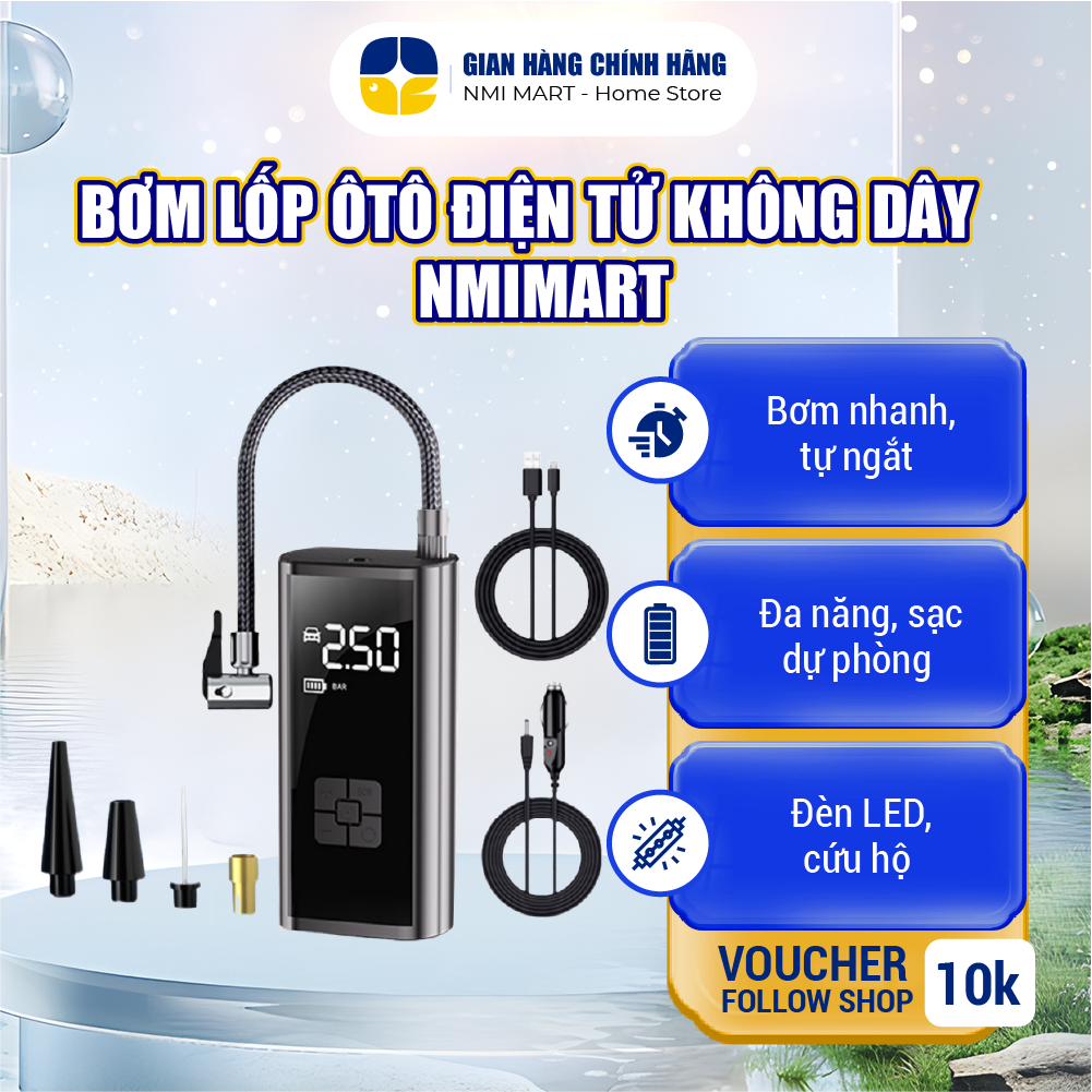 Bơm Lốp Ô tô Điện Tử NMIMART - Không Dây, Đèn Led, Sạc Dự Phòng & Động Cơ Đức BXO02. - 27185797656