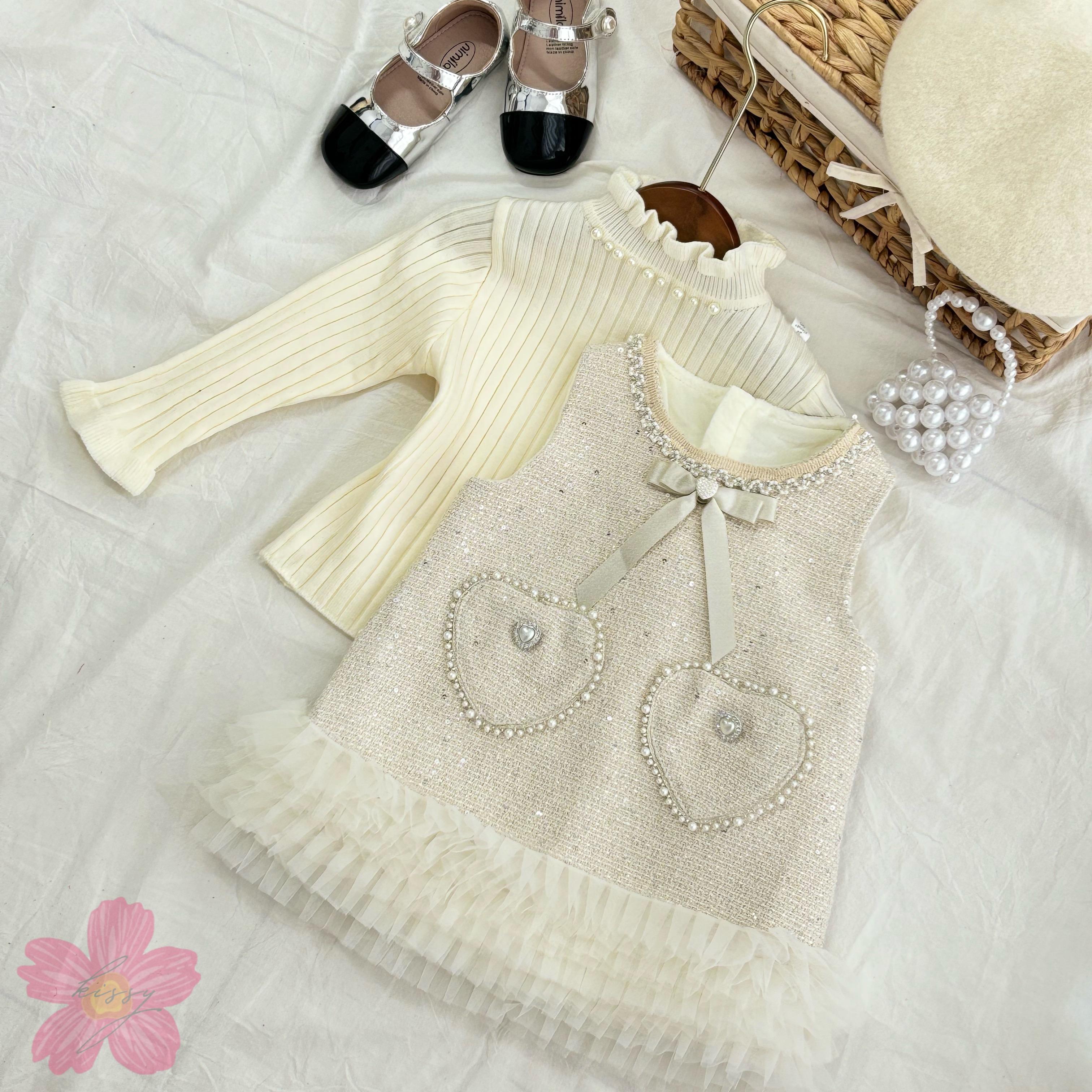 Set Váy Dạ Liền Voan Mềm Sang Chảnh Kèm Áo Len Giữ Nhiệt Mẫu Mới 2024 QCCC Dành Cho Bé Gái Sang Chảnh_thumbnail_2