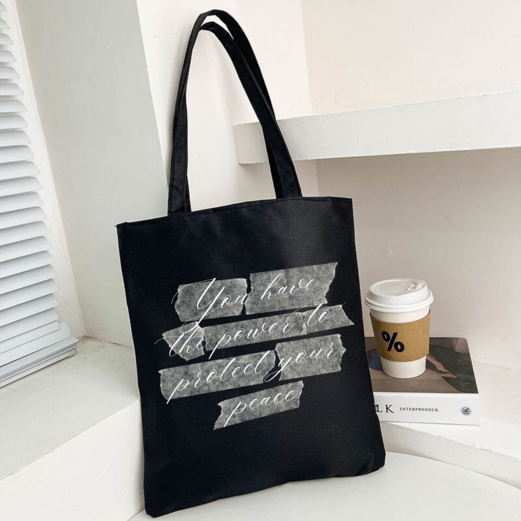 Túi tote màu đen mẫu chữ đơn giản - Túi tote vải canvas 33x37 có khóa kéo đựng vừa A4, laptop Loza TOTE19_thumbnail_2