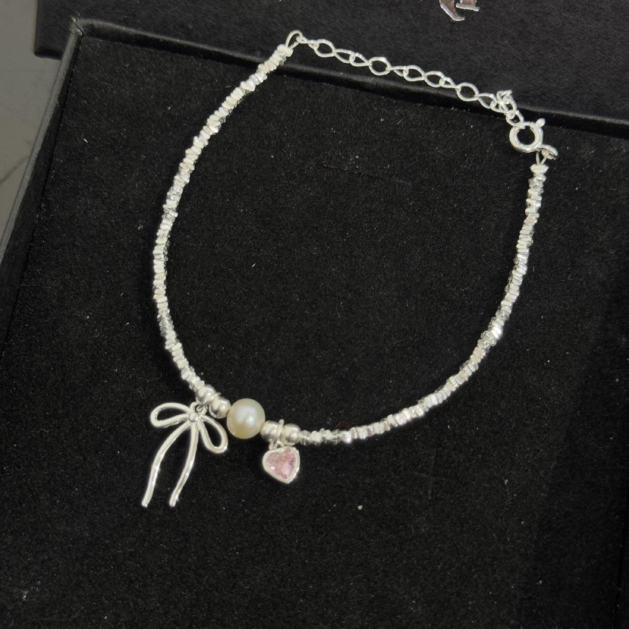 vòng tay bạc xi kim dây khối nhỏ charm ngọc trai nơ trái tim điệu đà_thumbnail_3