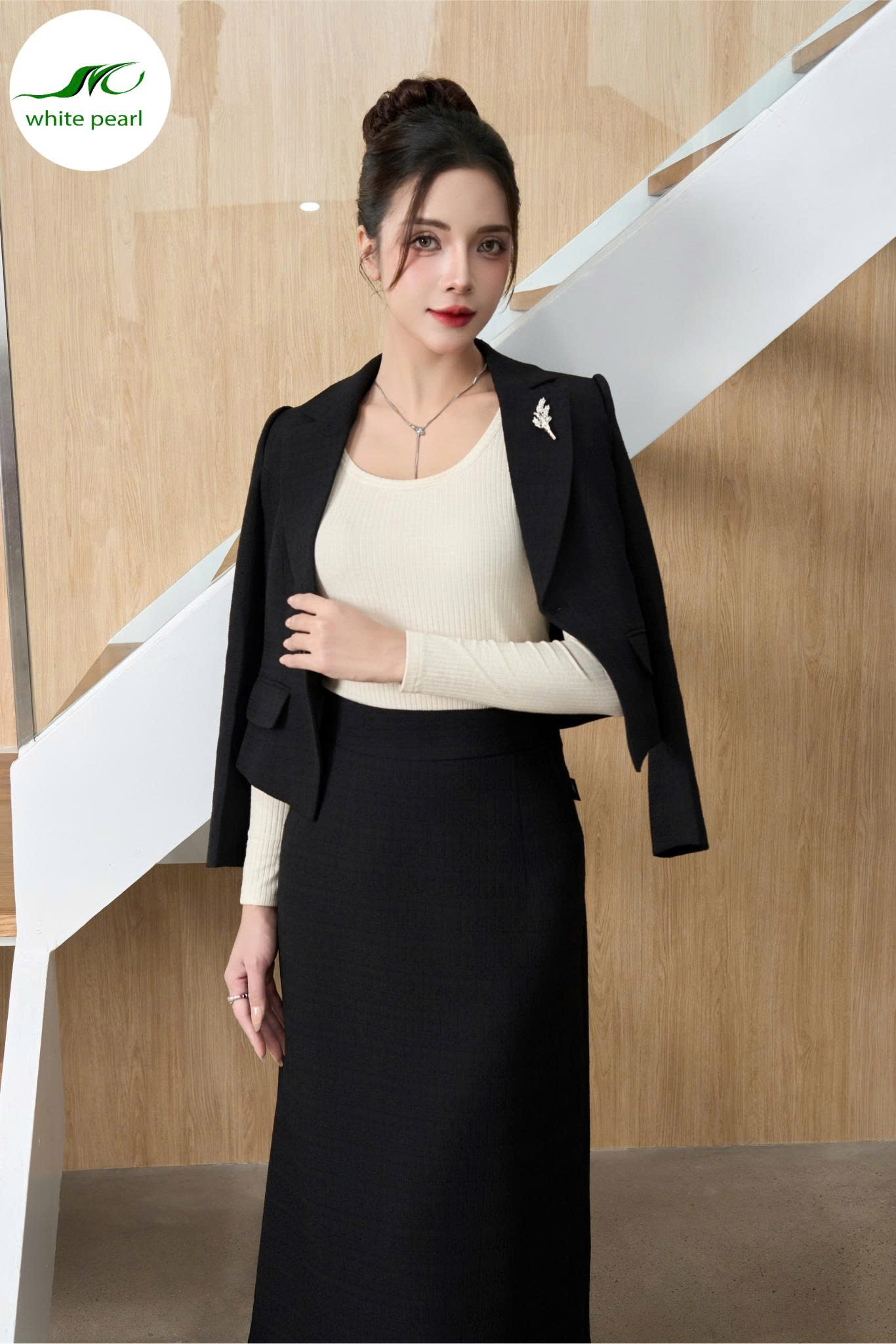 Áo vét dạ cổ K / Chân váy thời trang ôm A Thời Trang Công Sở White Pearl