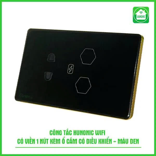 Công tắc cảm ứng WiFi Hunonic 2 Nút 1 Ổ, HCN, màu Đen