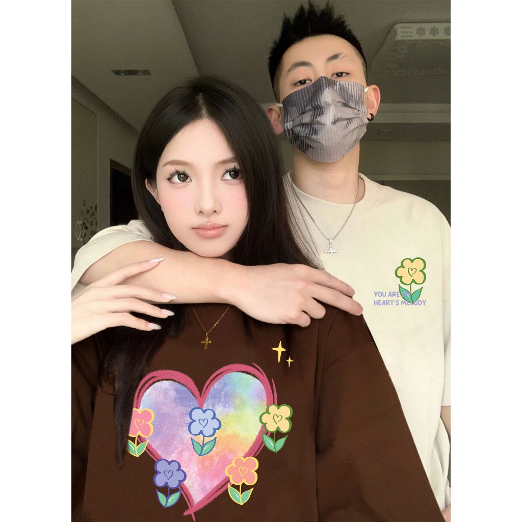 Áo thun cặp đôi hình trái tim form rộng tay lỡ màu xinh ATD1208 Miucho vải cotton thoáng mát cổ tròn in mix_thumbnail_3