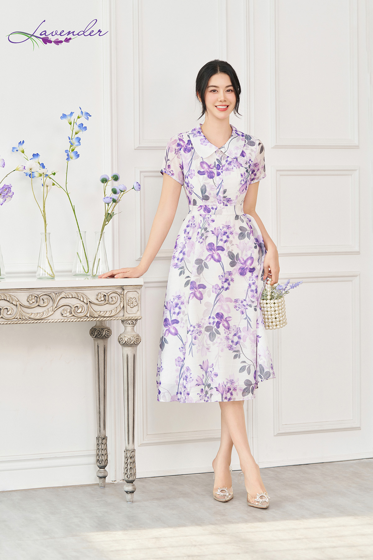 Đầm hoa tím dáng xòe cổ sen tay ngắn D3080