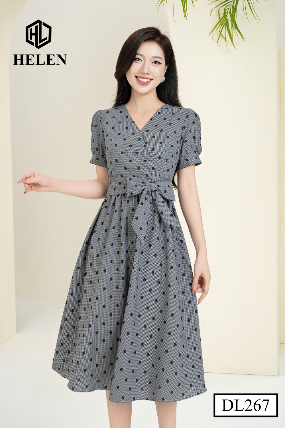 Đầm xòe chấm bi đen thắt nơ eo DL267_thumbnail_4