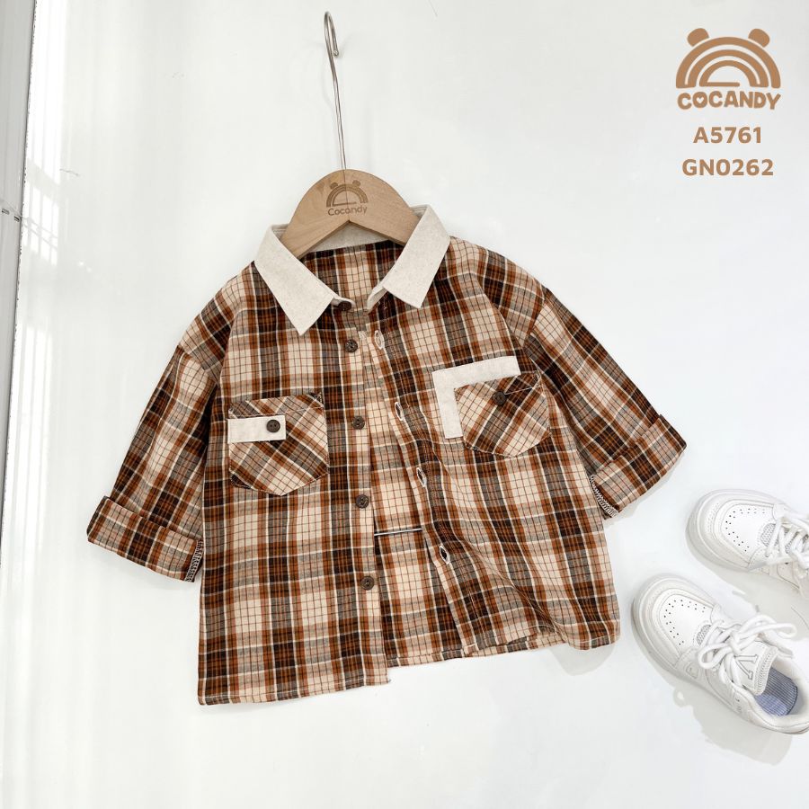 Áo dài sơ mi caro NÂU CAM 2 túi ngực_thumbnail_3