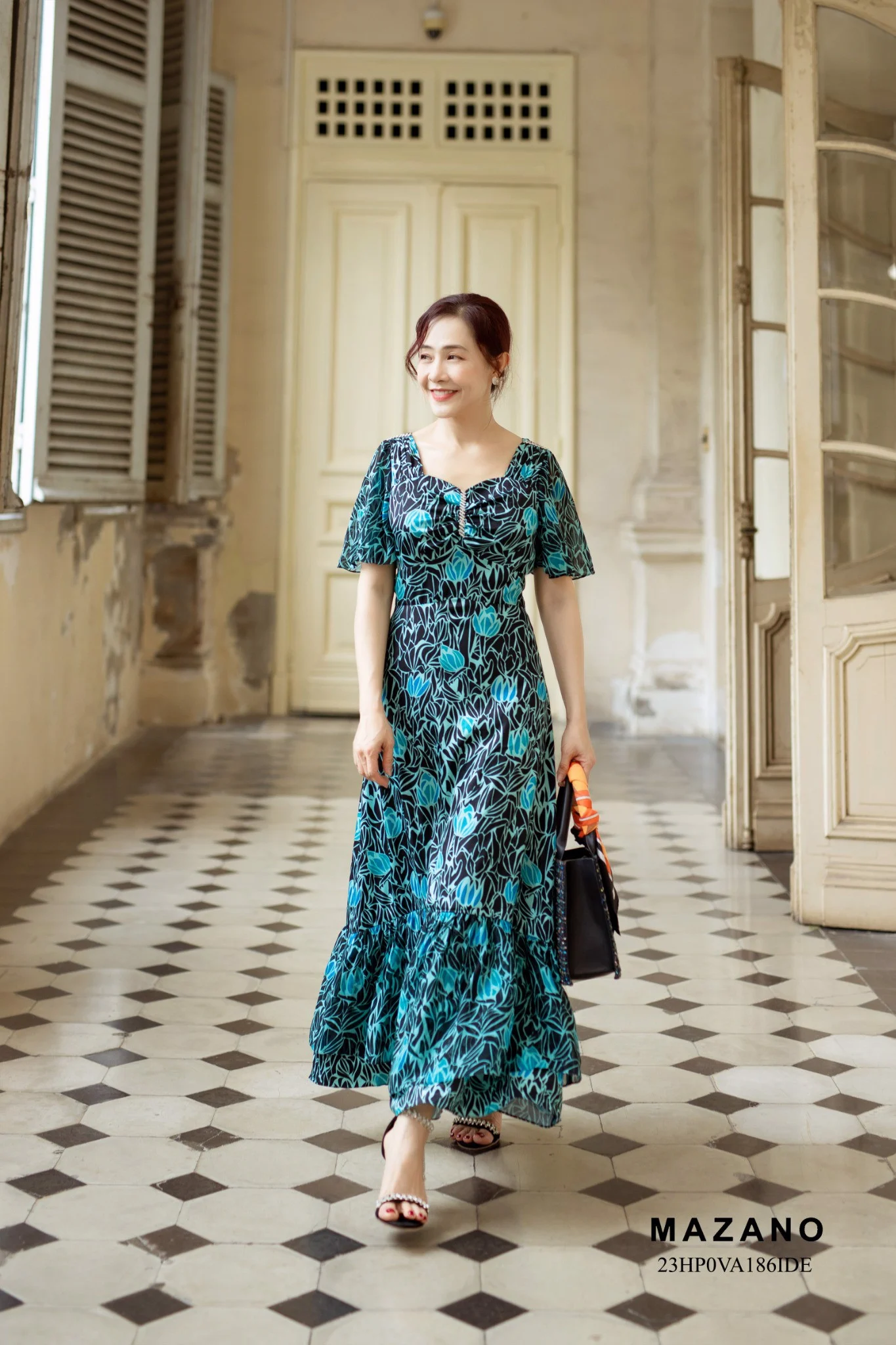 Váy đầm Ôm Vải voan Họa tiết hoa in Chân phối bèo Cổ cách điệu Tay ngắn Dài đến mắt cá chân_thumbnail_2