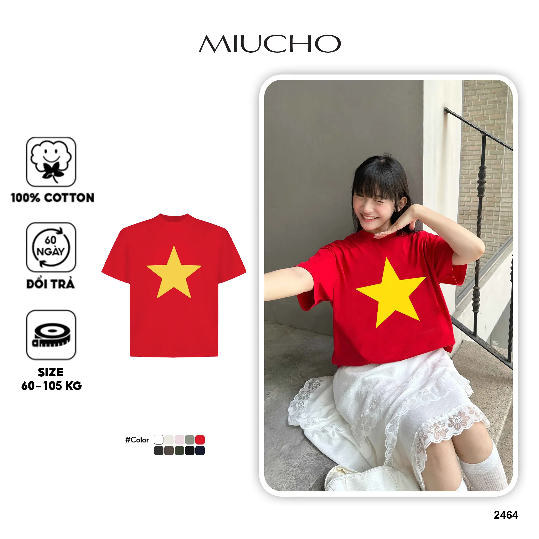 Áo thun Việt Nam cờ đỏ sao vàng form boxy AXD2464 Miucho vải cotton thoáng mát in basic