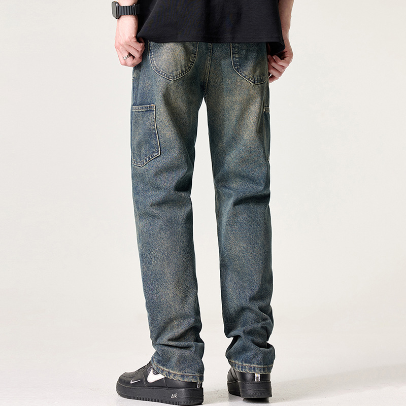 Quần Jean Nam Đường Phố Mỹ Cao Cấp – Retro Giặt Đau Khổ, Rách Hai Đầu Gối, Dáng Thẳng Màu Vàng Bùn_thumbnail_6