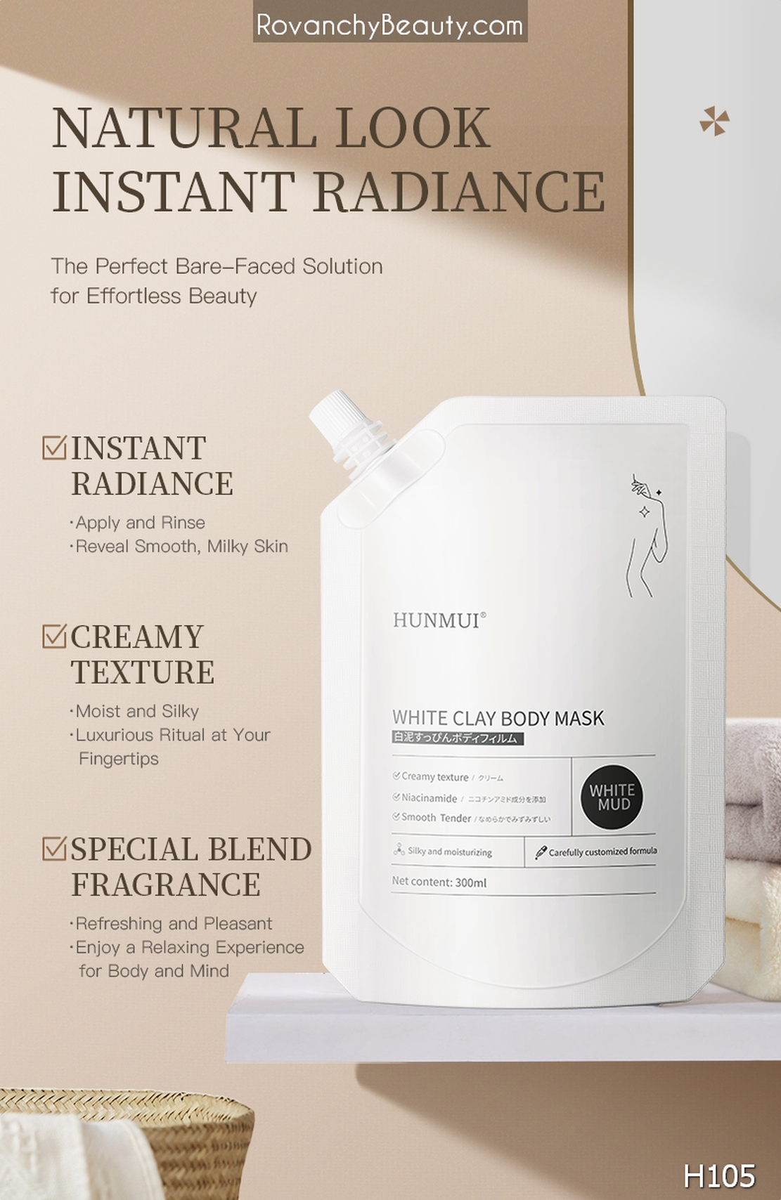 H105 Mặt nạ trắng da toàn thân HUNMUI White Clay Body Mask 300ml - Dưỡng ẩm, mịn màng, chống khô da_thumbnail_9