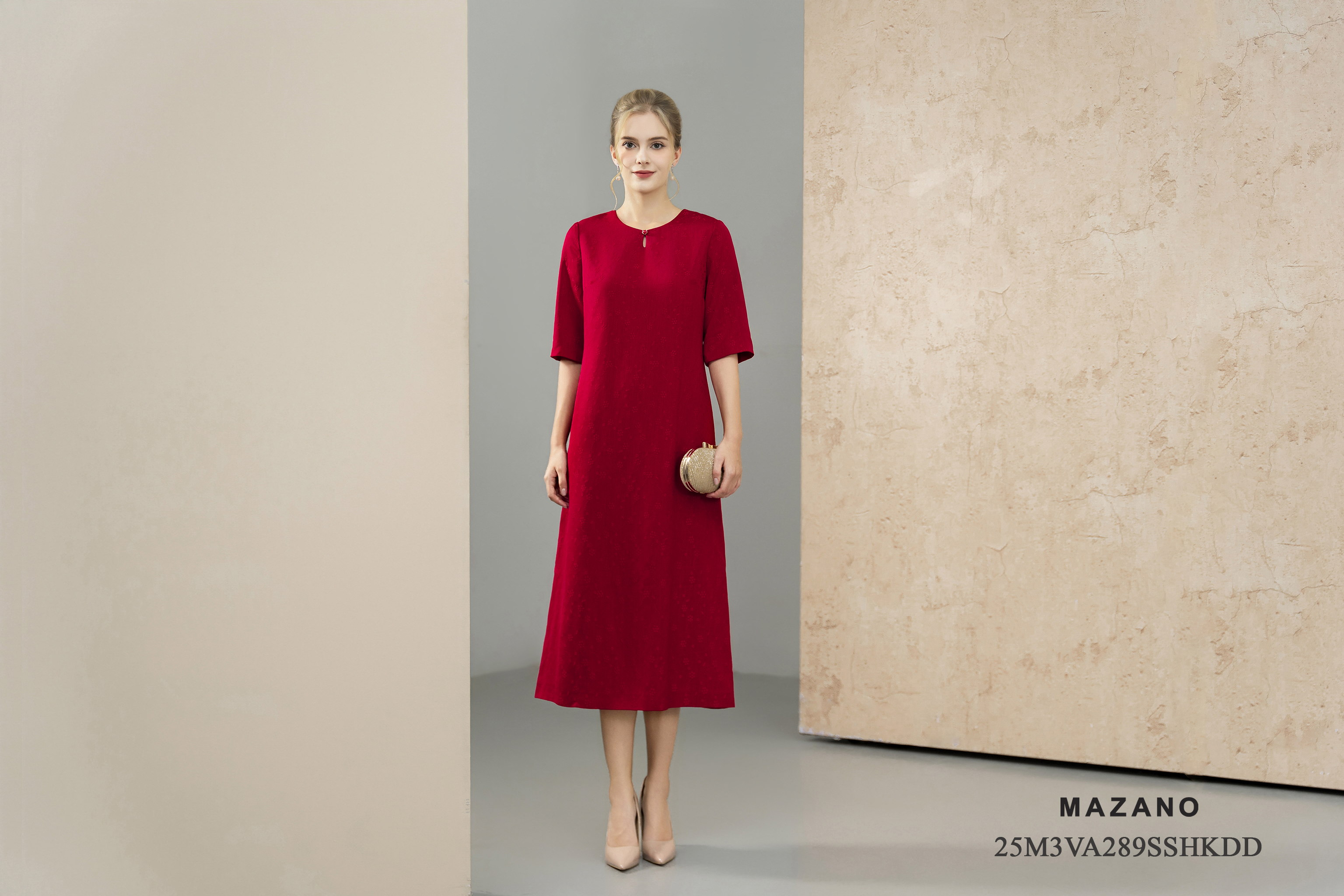 Váy Đầm Suông A Vải lụa Hoạ tiết hoa nhí in chìm Cổ tròn Tay lỡ Dài qua bắp chân