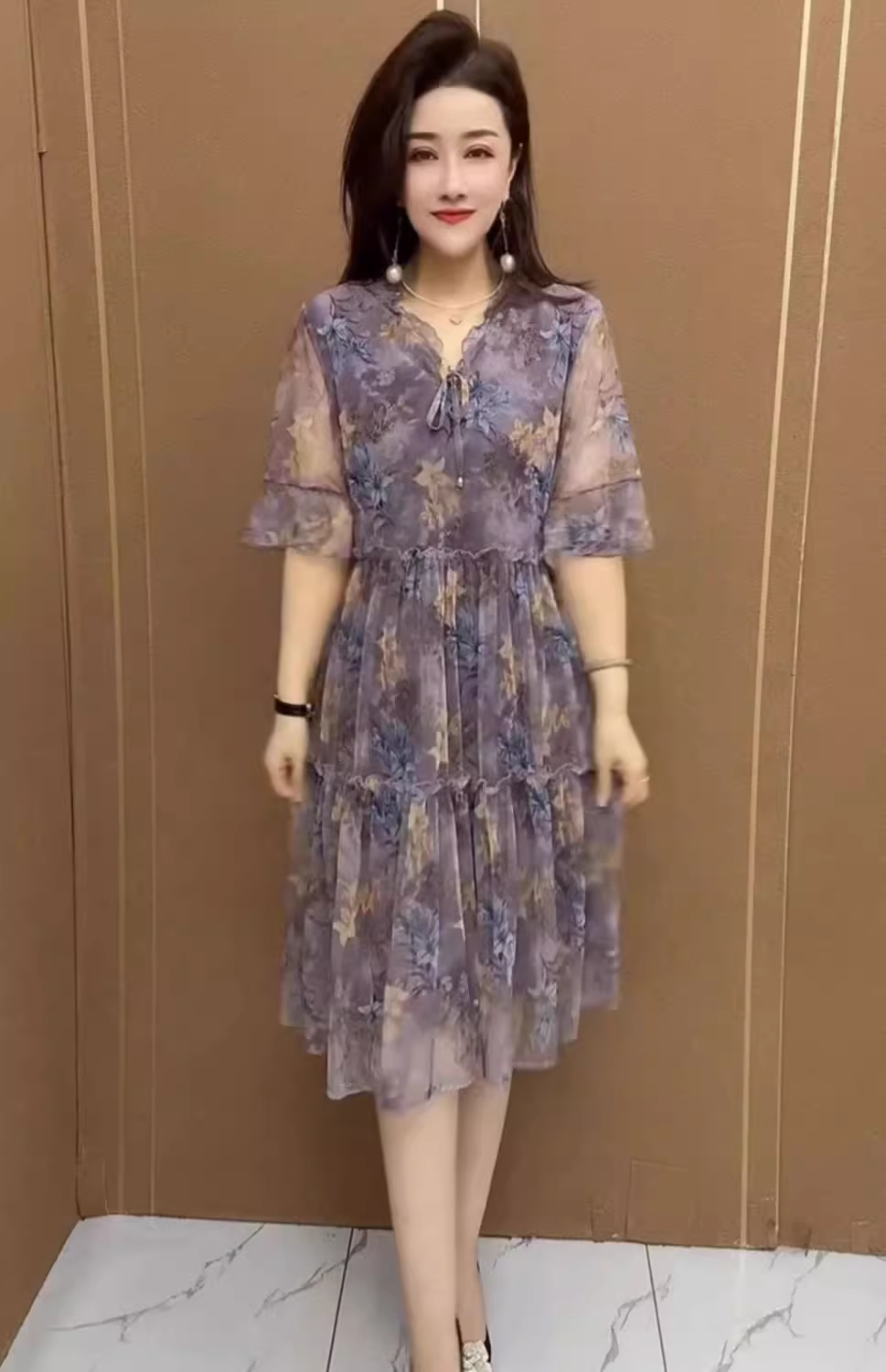 17844-Đầm voan in hoa tím 5D tay lở  cách điệu ( voan,lót)