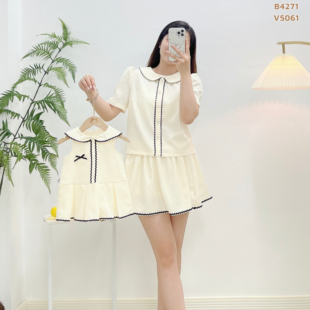 Bộ cộc BE cổ sen viền ren đen + chân váy NỮ_thumbnail_3