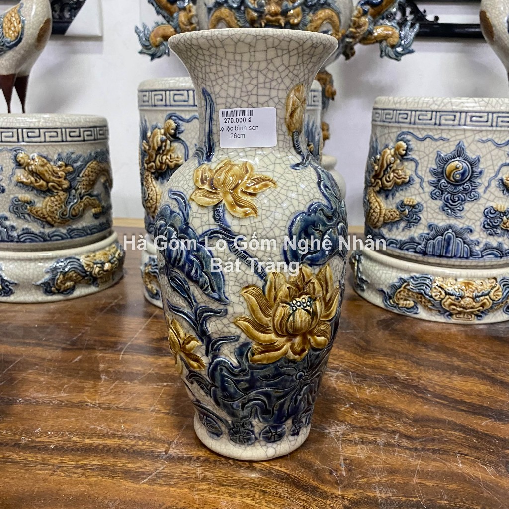 Lọ Hoa Thờ Cúng Lượn Chim Công Hoa Đào - Tài Lộc Phú Quý 26cm, 32cm- Men Rạn Gốm Sứ Bát Tràng_thumbnail_2