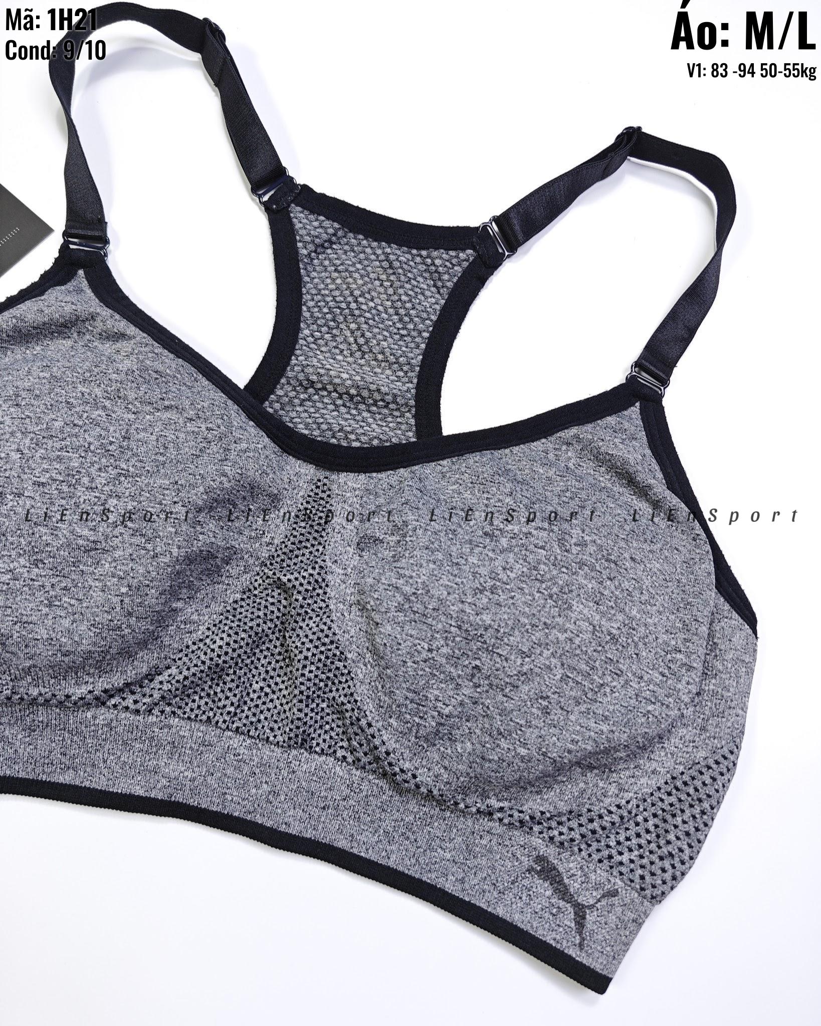 Puma Áo bra thể thao Nữ Size M Xám đậm Auth 2nd Lưng chữ X độc đáo Dệt kim co giãn Thoáng khí thấm hút tốt Mút ngực tháo rời Không gọng Phù hợp gym yoga chạy bộ Mã:1H21