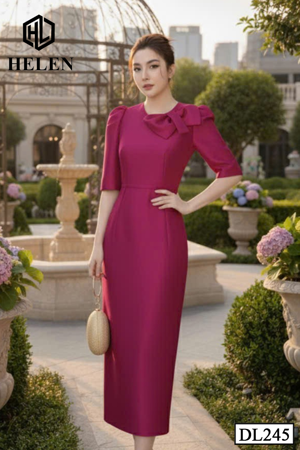 Đầm ôm tapta hồng phối nơ vai DL245