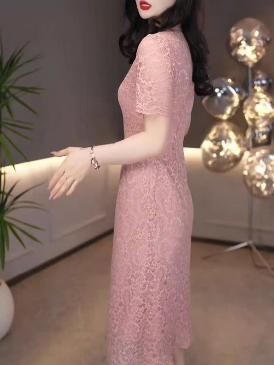 18017-Đầm suông ren màu hồng san hô cổ tàu cách điệu ( ren, lót)_thumbnail_2