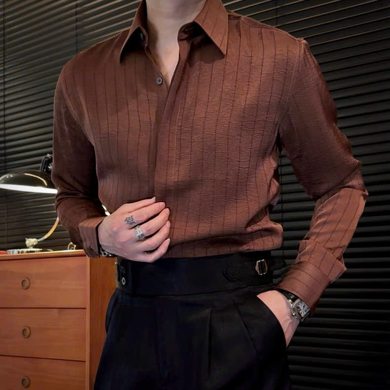 Sơ Mi Sọc Lụa Chìm Cổ Dấu Khuy