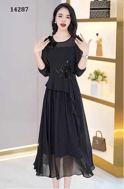 14287-Đầm ĐEN  dự tiệc kết hoa eo (voan,lót)_thumbnail_1